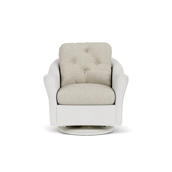 lloyd flanders reflections swivel glider lounge chair in matte white finish with knotty mineral fabric grade c
