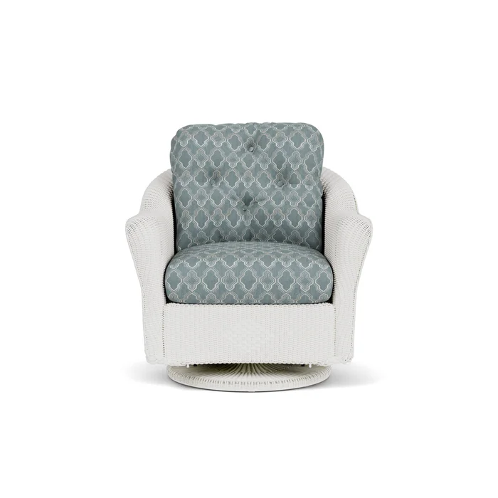 lloyd flanders reflections swivel glider lounge chair in matte white finish with luna mist fabric grade c
