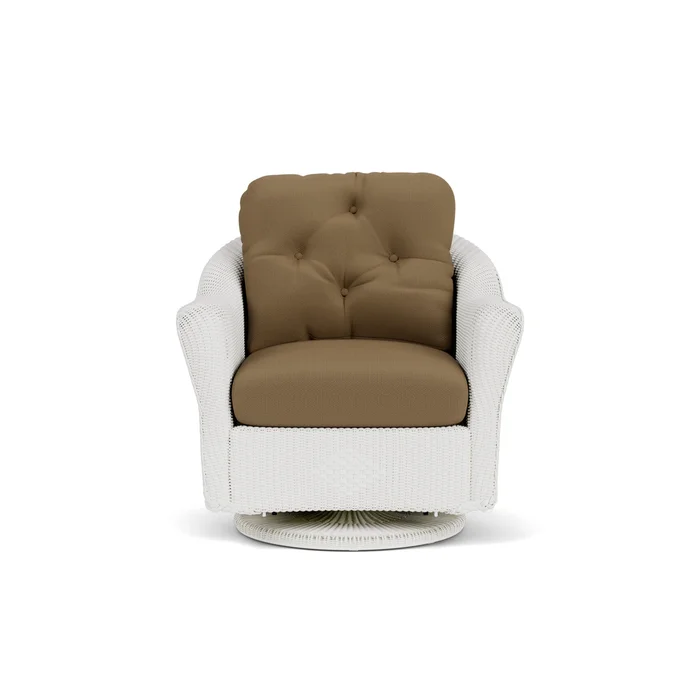lloyd flanders reflections swivel glider lounge chair in matte white finish with reflections straw fabric grade b