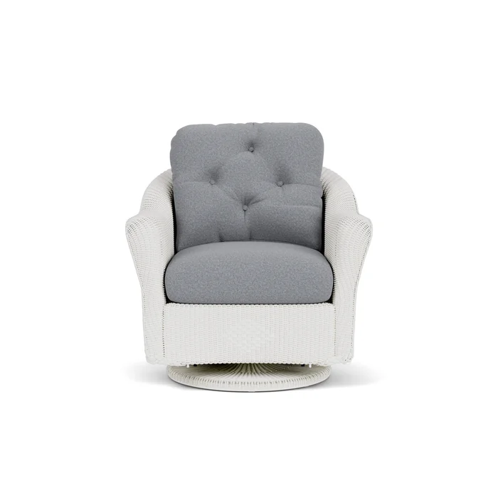 lloyd flanders reflections swivel glider lounge chair in matte white finish with rumba stonewashed fabric grade a