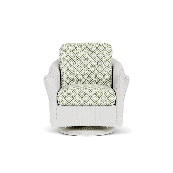 lloyd flanders reflections swivel glider lounge chair in matte white finish with savannah green fabric grade b