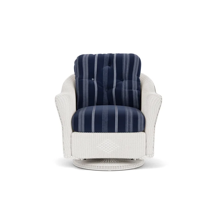 lloyd flanders reflections swivel glider lounge chair in white finish with consider indigo fabric grade c