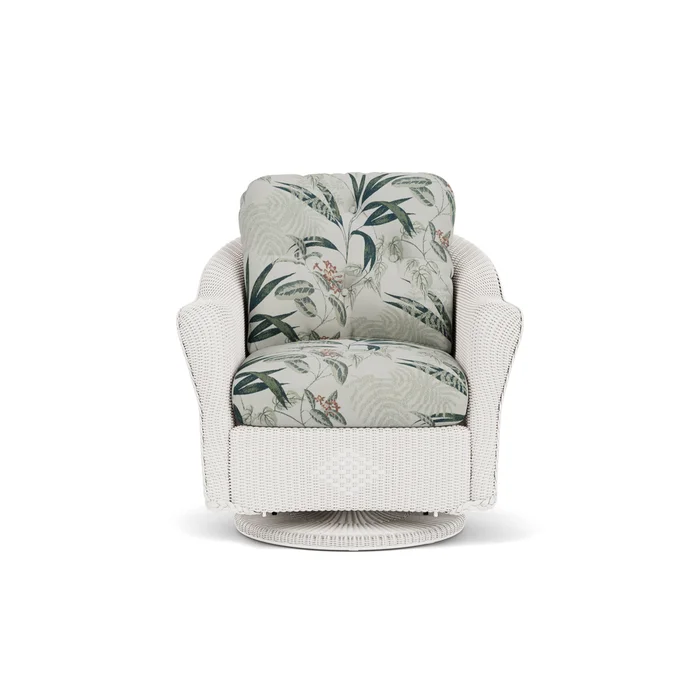 lloyd flanders reflections swivel glider lounge chair in white finish with delicate botanical sage fabric grade d