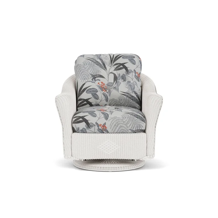 lloyd flanders reflections swivel glider lounge chair in white finish with delicate botanical slate fabric grade d