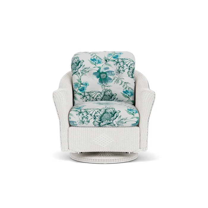 lloyd flanders reflections swivel glider lounge chair in white finish with serena floral mist fabric grade d
