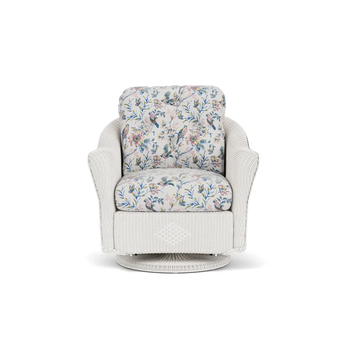 lloyd flanders reflections swivel glider lounge chair in white finish with whimsical bird song fabric grade d