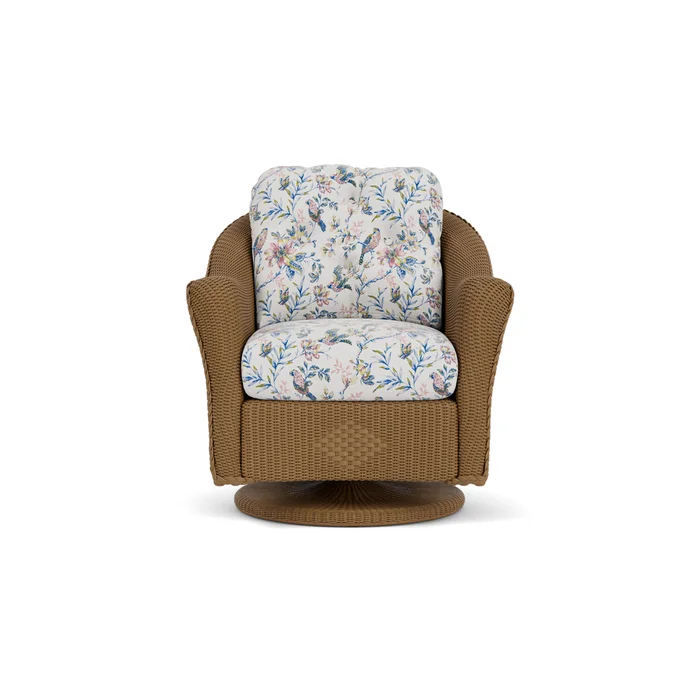 lloyd flanders reflections swivel rocker lounge chair in hickory finish with whimsical bird song fabric grade d