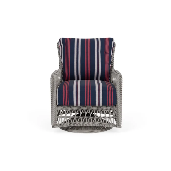 mackinac swivel glider lounge chair in putty finish with berkely hall navy fabric grade b