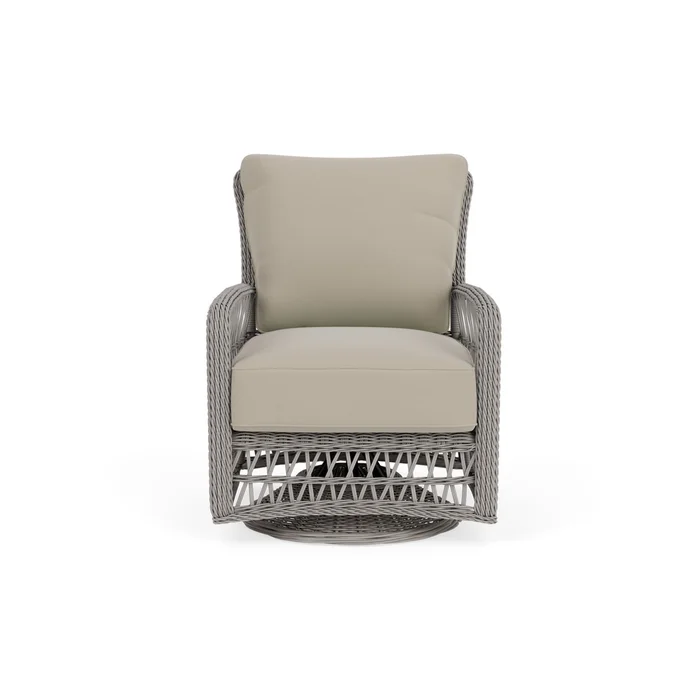 mackinac swivel glider lounge chair in putty finish with callen driftwood fabric grade b