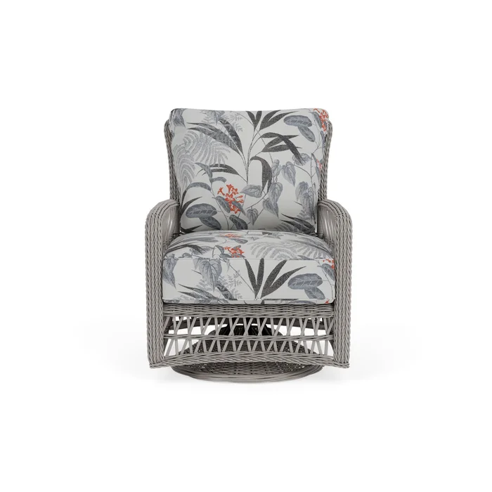 mackinac swivel glider lounge chair in putty finish with delicate botanical slate fabric grade d