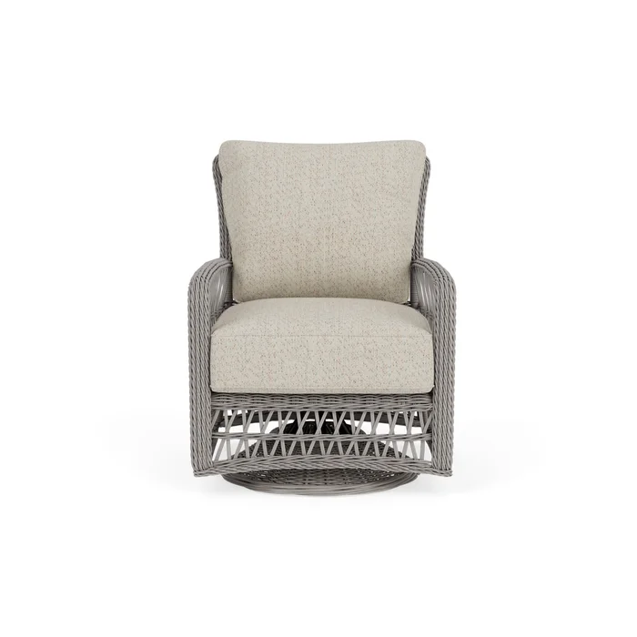 mackinac swivel glider lounge chair in putty finish with knotty mineral fabric grade c