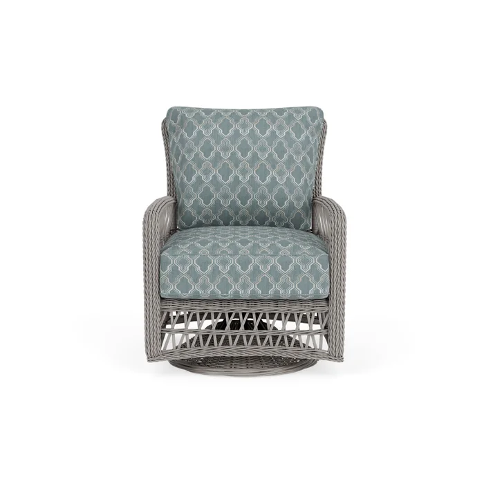 mackinac swivel glider lounge chair in putty finish with luna mist fabric grade c