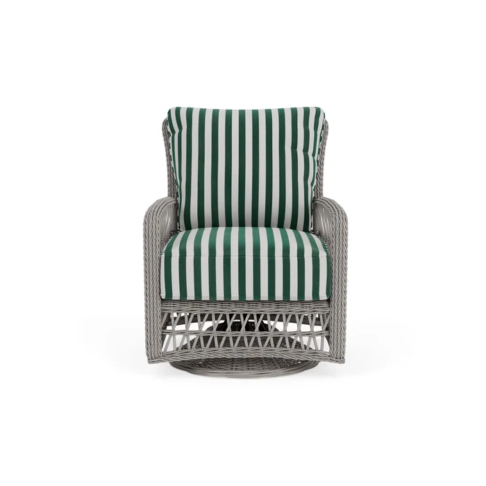 mackinac swivel glider lounge chair in putty finish with safari/white stripe fabric grade b
