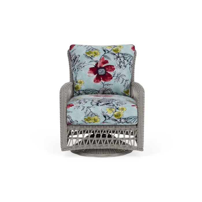 mackinac swivel glider lounge chair in putty finish with serena floral meadow fabric grade d