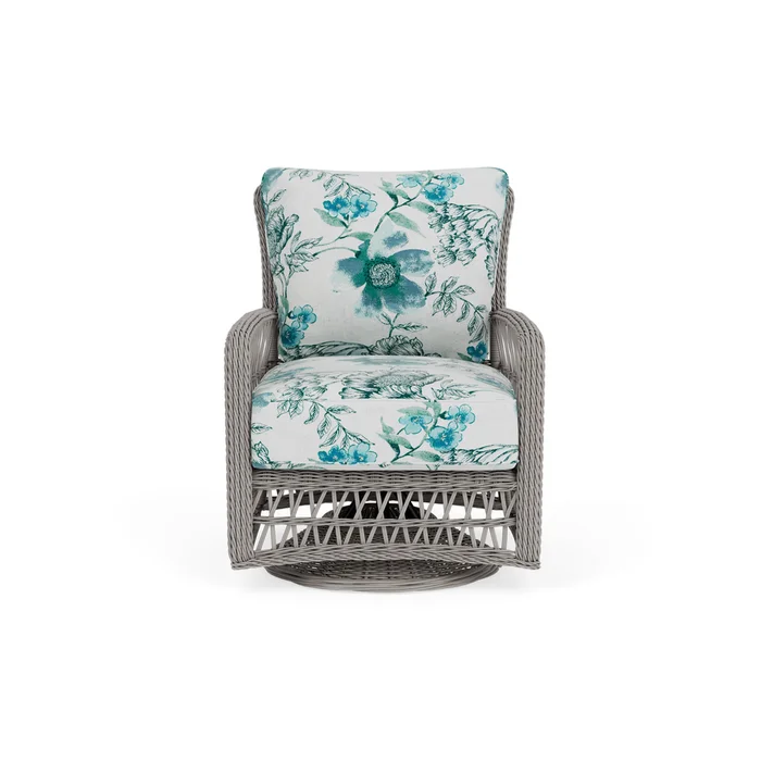 mackinac swivel glider lounge chair in putty finish with serena floral mist fabric grade d