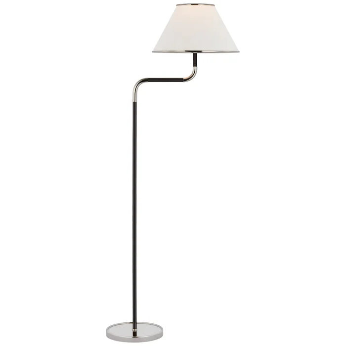 Marie Flanigan Rigby Medium Bridge Arm Floor Lamp in Polished Nickel and Ebony with Linen Shade W14″ x H54.25″
