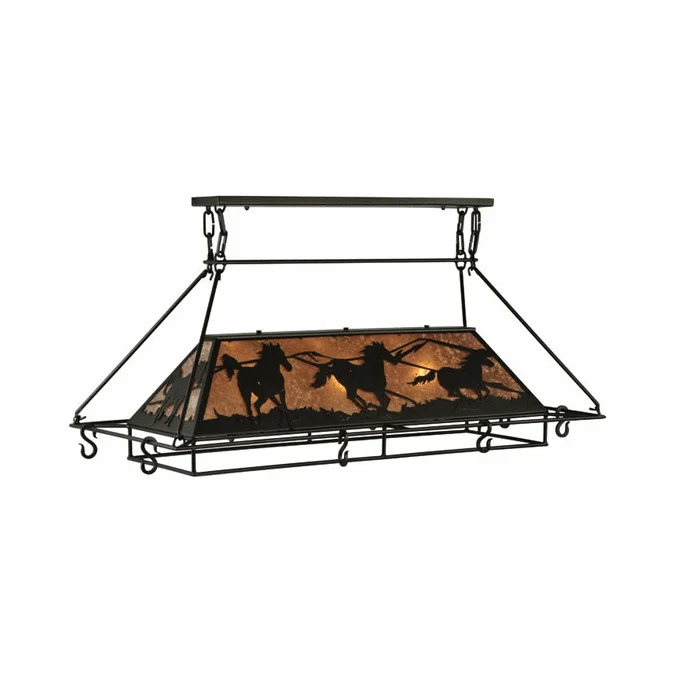 Meyda Custom 133883 Wild Horses 48 Inch Wide Silver Mica Kitchen Island Light Fixture With Pot Rack