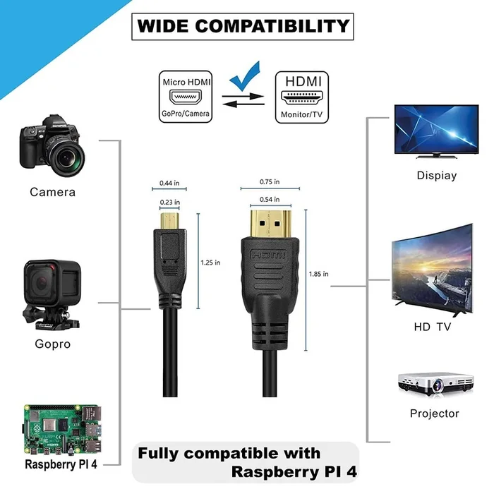Micro HDMI to HDMI Cable, 4K 60Hz, 1.5 Meter 5 feet, Adapter Ethernet Audio Return Compatible for Raspberry Pi 4 RPI, Raspberry Pi 400, GoPro Hero 7, Sony A6000 A6300 Camera, Nikon B500 - Image 2