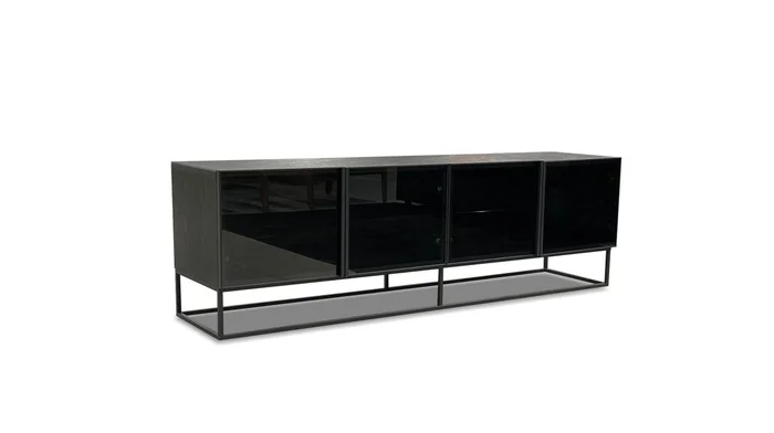 Mobital Barker Media Unit Slate Ceramic Top, Ash Veneer Structure, Smoke Glass Front, Black Powder Coated Steel Frame WTV-BARK-BASH-PCBLA