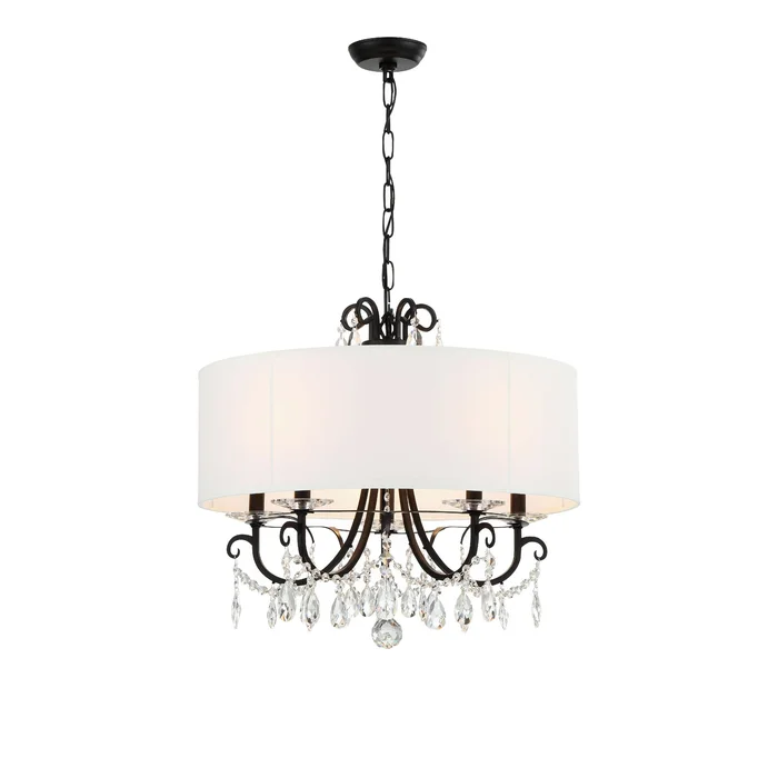 Othello 5 Light Matte Black Chandelier Hand Cut Crystal Silk Shade 24″W x 21″H x 24″D