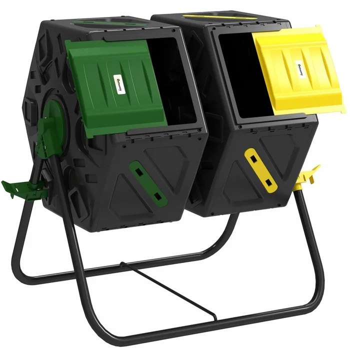 Outsunny 34.5 Gallon Composter, Dual Chamber Compost Bin, Yellow And Green|Outsunny Bac A Compost A Double Chambre De 34,5 Gallons Avec Pieds En Acier