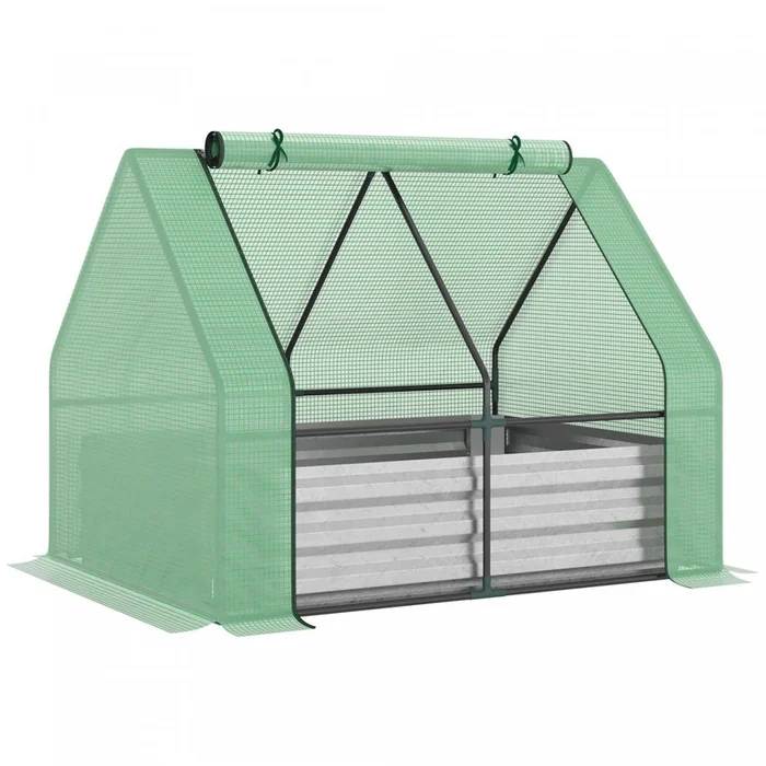 Outsunny Greenhouse With Raised Garden Bed, Steel Outdoor Planter Box With Plastic Cover, Roll Up Do|Outsunny Lit De Jardin Sureleve Avec Serre, Jardiniere D’exterieur En Acier Avec Couvercle En Plasti