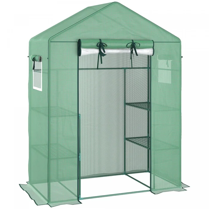 Outsunny Walk-in Mini Greenhouse With Mesh Door & Windows, Portable Garden Green House With 3 Tier S|Outsunny Serre De Jardin Avec Porte Grillagee Et Etageres A 3 Niveaux