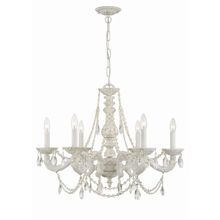 Paris Market 6 Light Clear Crystal Antique White Chandelier Hand Cut Crystal 28″W x 22″H x 28″D