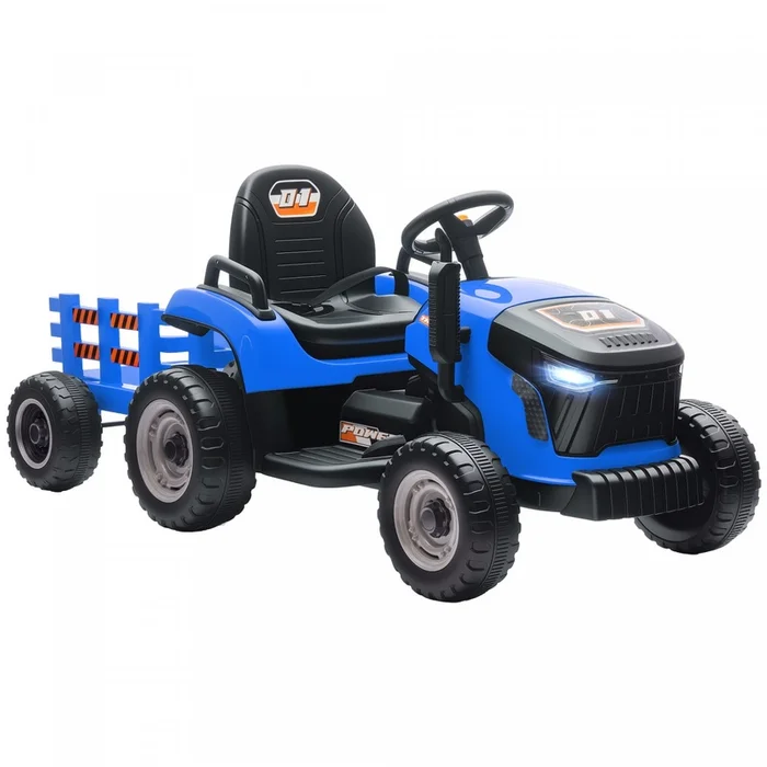 Qaba Kids Ride On Tractor With Trailor, 12v Battery Powered Ride On Car With Remote Control, Music, Lights, Shifter, Electric Vehicle For Kids Ages 3-8 Years, Blue