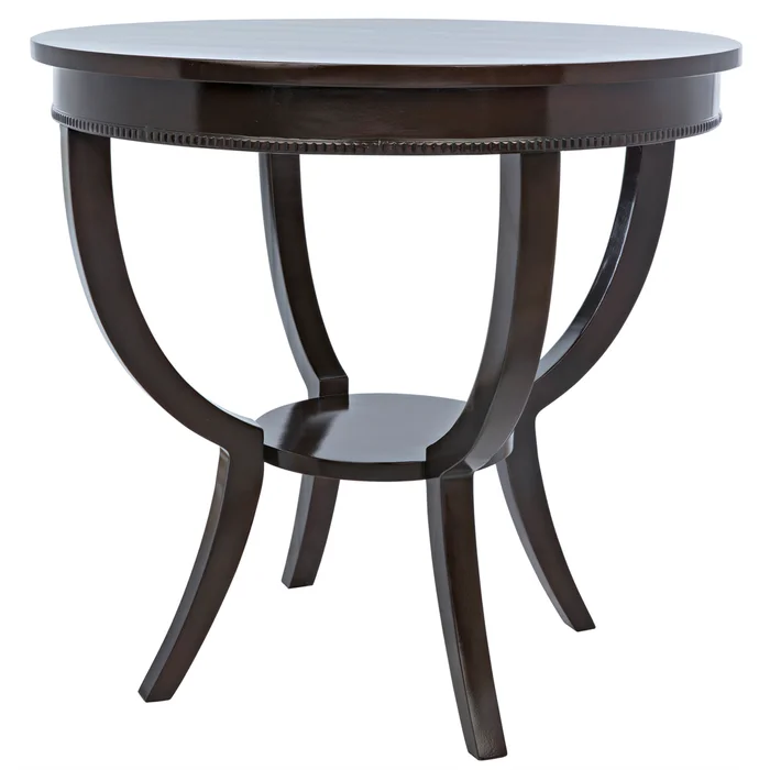 scheffield round end table, distressed brown
