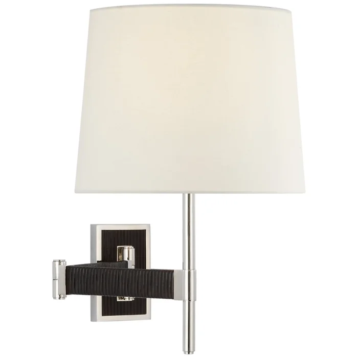 Suzanne Kasler Elle Swing Arm Sconce in Polished Nickel and Black Rattan with Linen Shade Wall Light W16.75″ x H17.25″