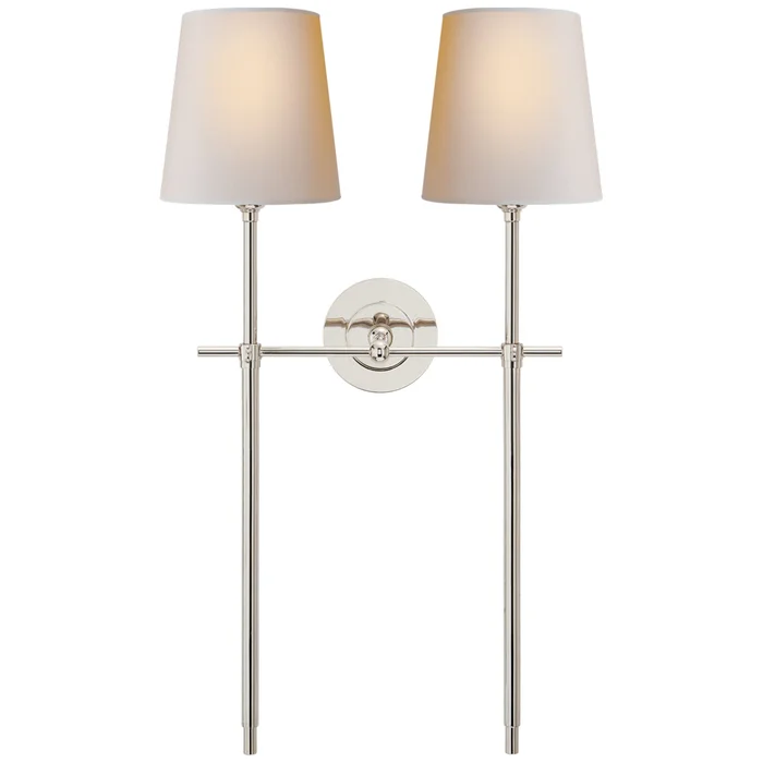 Thomas O’Brien Bryant Large Double Tail Sconce in Polished Nickel with Natural Paper Shades Wall Light W16″ x H26.5″