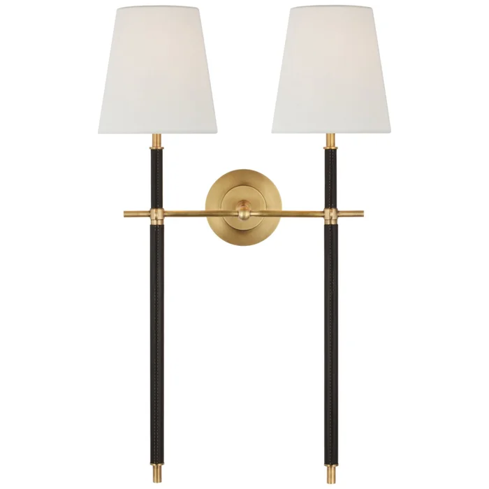 Thomas O’Brien Bryant Large Wrapped Double Tail Sconce in Hand-Rubbed Antique Brass and Chocolate Leather with Linen Shades Wall Light W16″ x H26″
