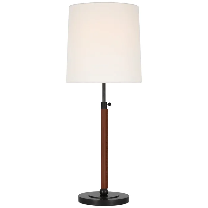 Thomas O’Brien Bryant Large Wrapped Table Lamp in Bronze and Saddle Leather with Linen Shade W12″ x H27.5″ – 31.5″