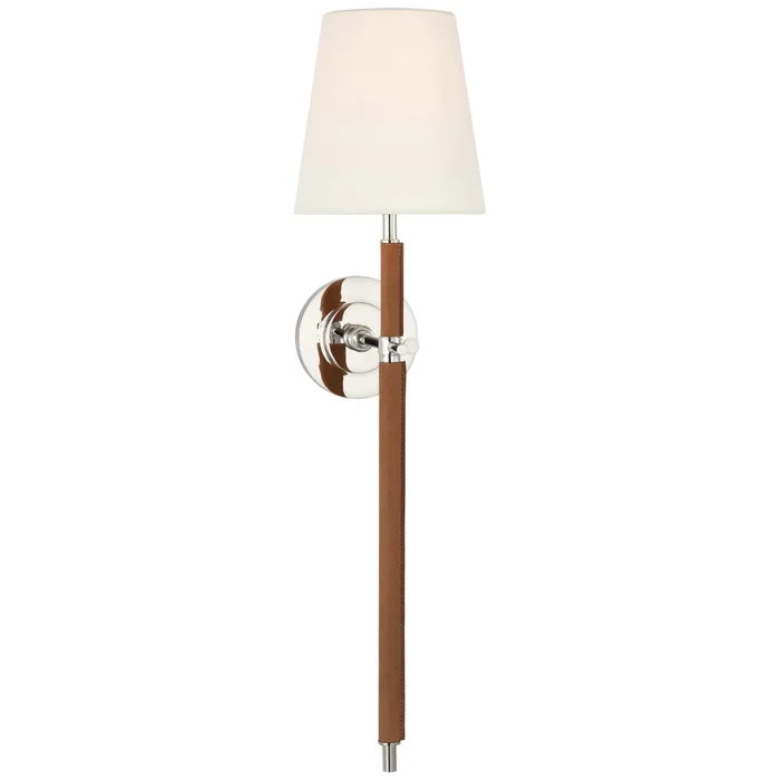 Thomas O’Brien Bryant Large Wrapped Tail Sconce in Polished Nickel and Natural Leather with Linen Shade Wall Light W6.5″ x H26″