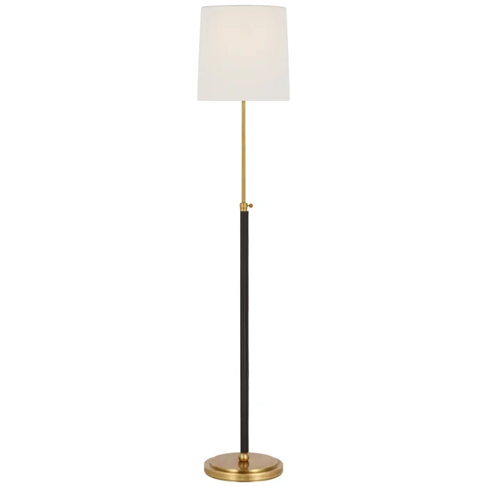 Thomas O’Brien Bryant Wrapped Floor Lamp in Hand-Rubbed Antique Brass and Chocolate Leather with Linen Shade W12″ x H45.25″ – 62″