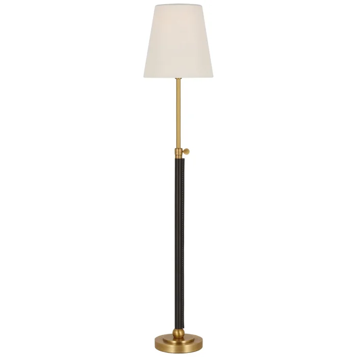Thomas O’Brien Bryant Wrapped Table Lamp in Hand-Rubbed Antique Brass and Chocolate Leather with Linen Shade W6″ x H24.5″ – 30.5″