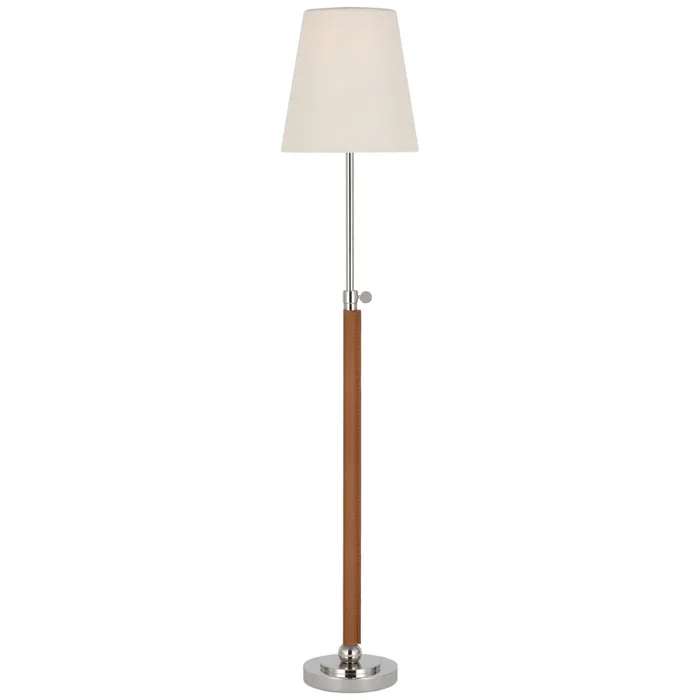 Thomas O’Brien Bryant Wrapped Table Lamp in Polished Nickel and Natural Leather with Linen Shade W6″ x H24.5″ – 30.5″