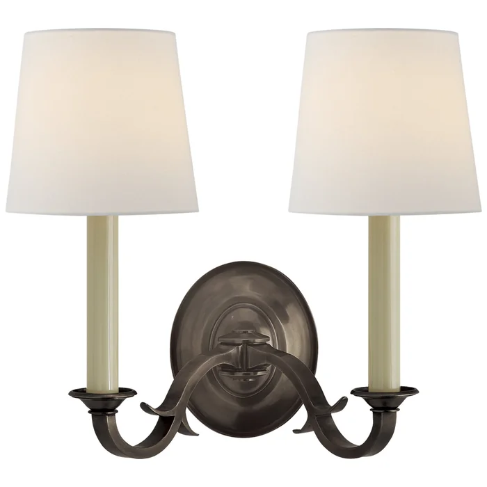 Thomas O’Brien Channing Double Sconce in Bronze with Linen Shades Wall Light W15″ x H14″