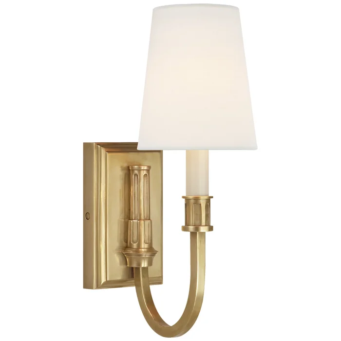 Thomas O’Brien Modern Library Sconce in Hand-Rubbed Antique Brass with Linen Shade Wall Light W5″ x H14.25″