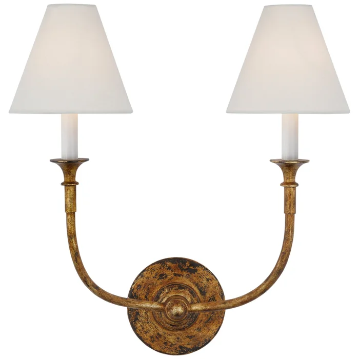 Thomas O’Brien Piaf Double Sconce in Antique Gild with Linen Shades Wall Light W18.5″ x H18.75″