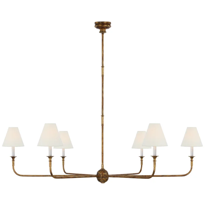 Thomas O’Brien Piaf Grande Chandelier in Antique Gild with Linen Shades Ceiling Light W58″