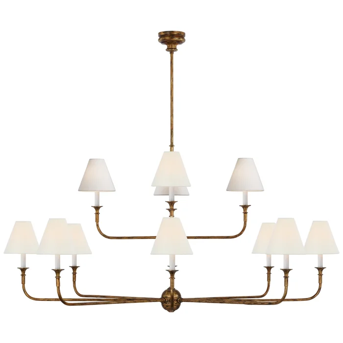 Thomas O’Brien Piaf Grande Two-Tier Chandelier in Antique Gild with Linen Shades Ceiling Light W58″