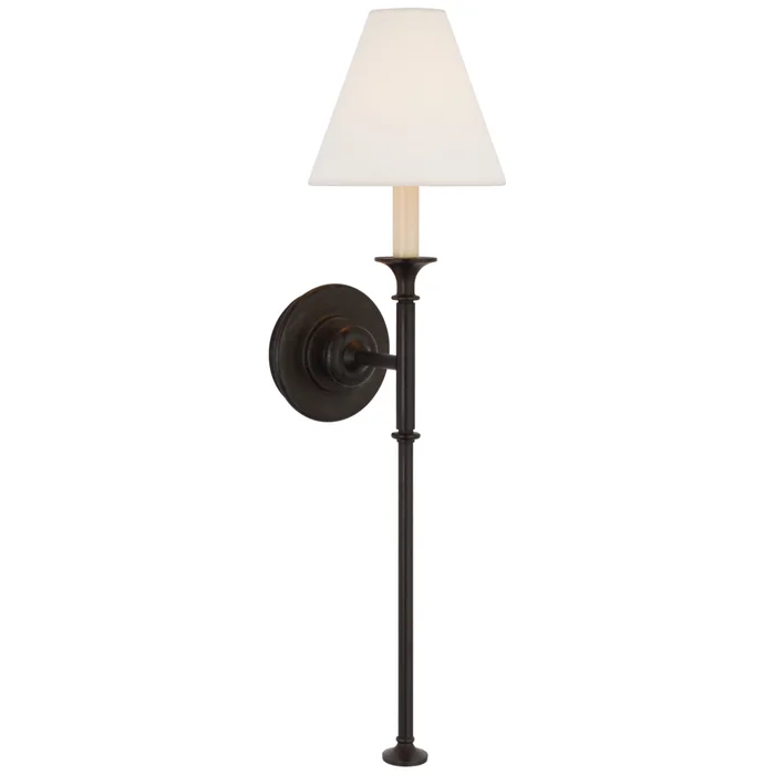 Thomas O’Brien Piaf Large Tail Sconce in Aged Iron with Linen Shade Wall Light W6.5″ x H24.5″