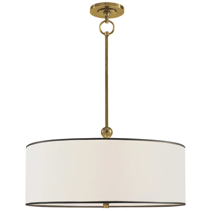 Thomas O’Brien Reed Hanging Shade in Hand-Rubbed Antique Brass with Linen Shade with Black Trim Ceiling Light W22″