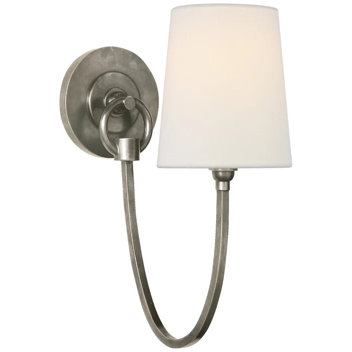 Thomas O’Brien Reed Single Sconce in Antique Nickel with Linen Shade Wall Light W5″ x H13″