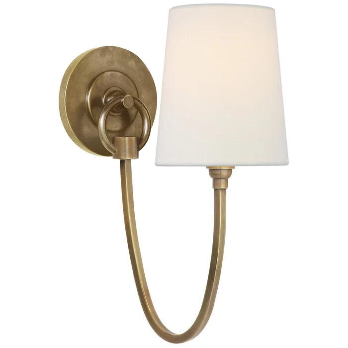 Thomas O’Brien Reed Single Sconce in Hand-Rubbed Antique Brass with Linen Shade Wall Light W5″ x H13″