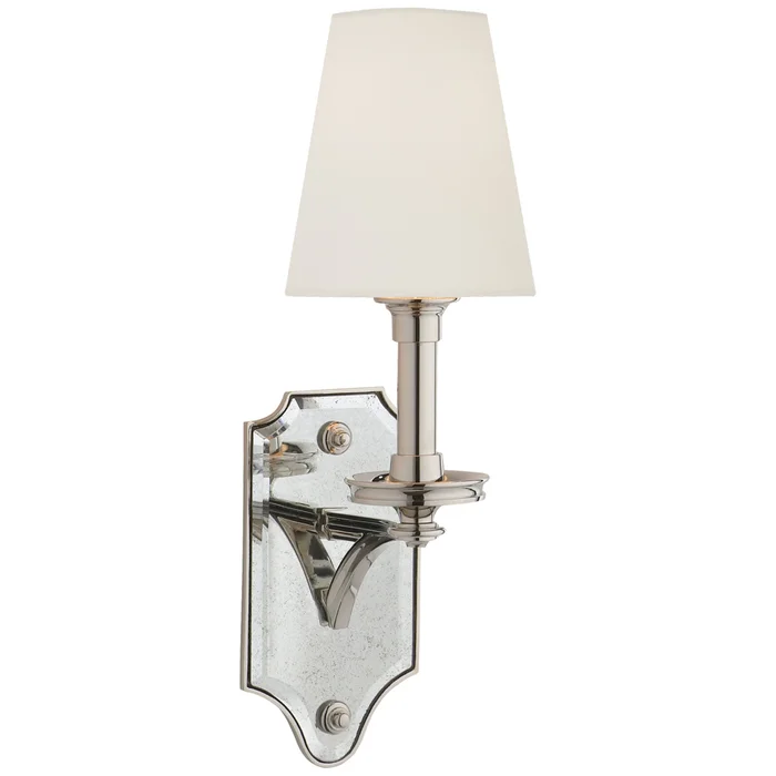 Thomas O’Brien Verona Mirrored Sconce in Polished Nickel with Linen Shade Wall Light W5.5″ x H16.5″