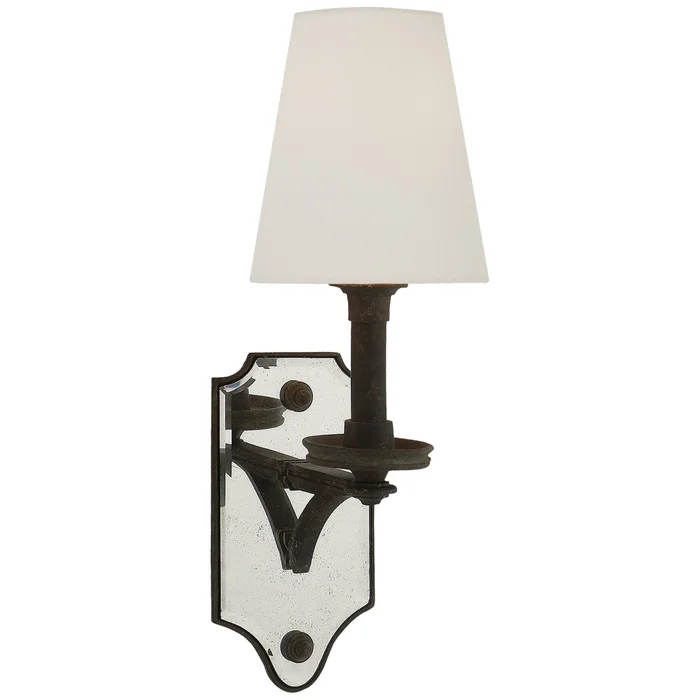 Thomas O’Brien Verona Mirrored Sconce in Weathered Iron with Linen Shade Wall Light W5.5″ x H16.5″