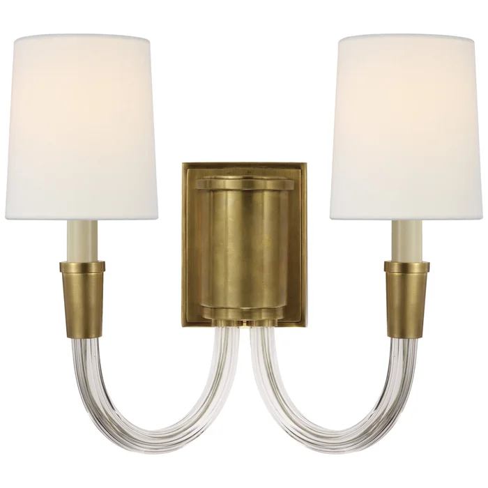 Thomas O’Brien Vivian Double Sconce in Hand-Rubbed Antique Brass with Linen Shades Wall Light W13.5″ x H13.5″